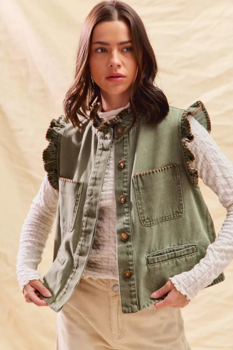 SO ME Washed Denim Stitch Ruffled Hidden Button Vest Top