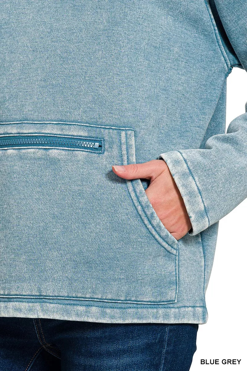 Zenana Fleece Washed High Neck Kangaroo Pocket Sweatshirt in Blue Grey