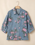 Floral Denim 3/4 Sleeve Buttoned Shirt