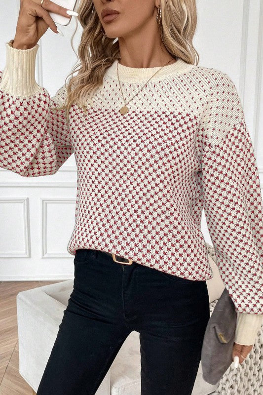 Dotted Colorblock Lantern Sleeve Sweater