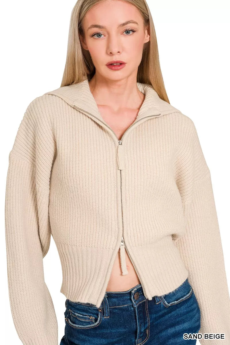 Zenana Ribbed Collared Zip Up Sweater Cardigan in Beige