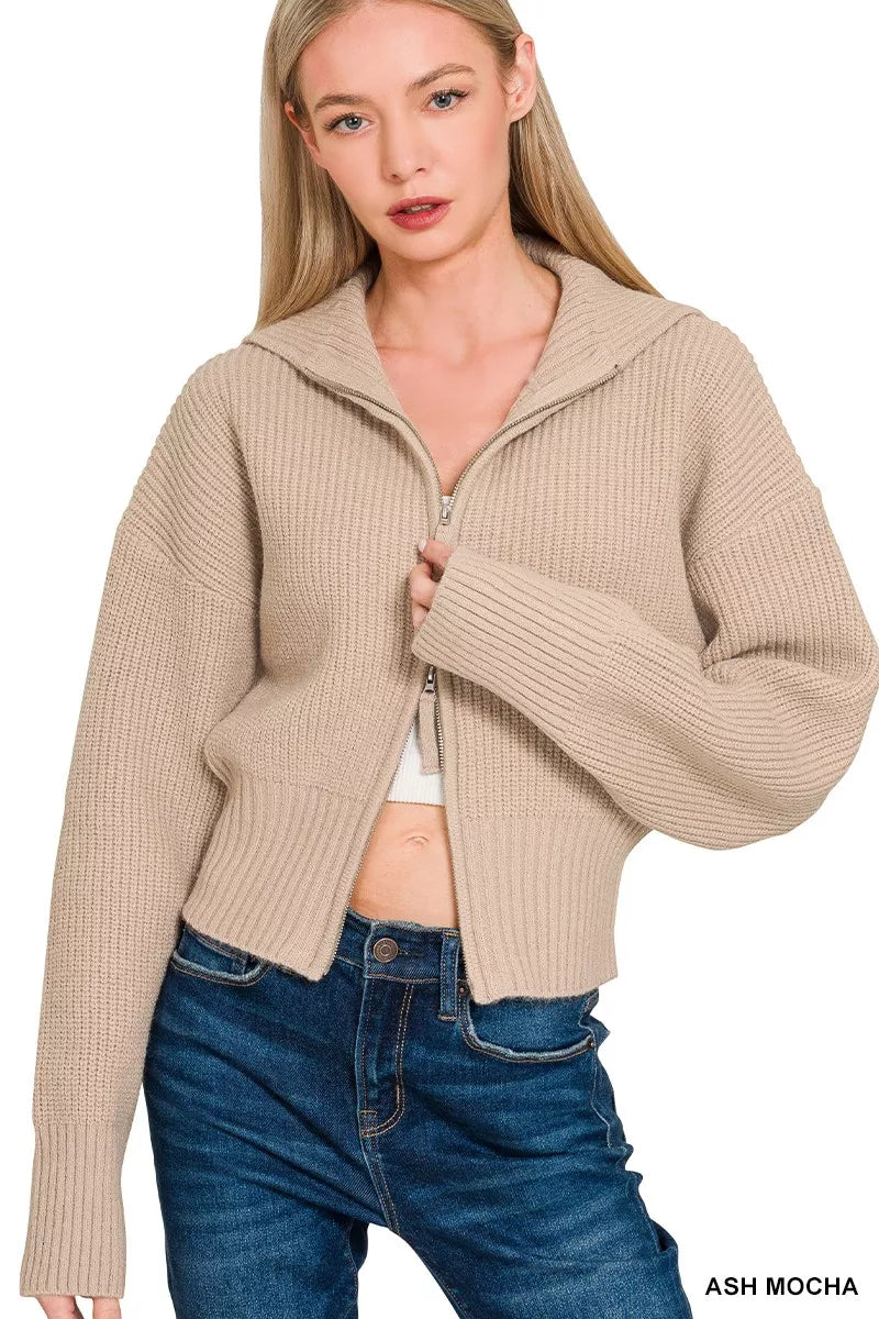 Zenana Ribbed Collared Zip Up Sweater Cardigan in Mocha