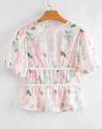 Floral Tied V-Neck Puff Sleeve Peplum Blouse