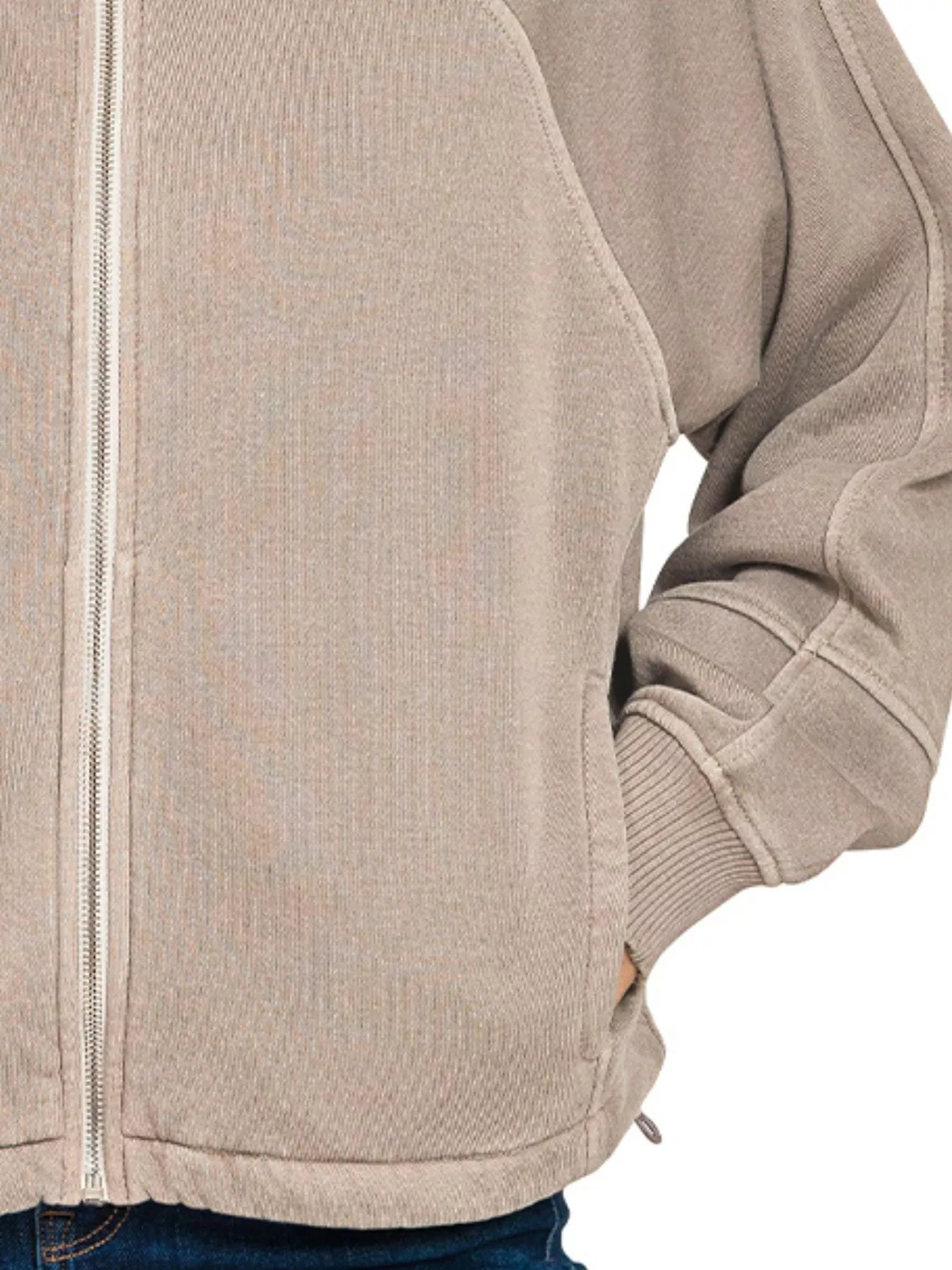 Zenana Fleece Pigment Dye Zip Up Hoodie with Pockets in Mocha