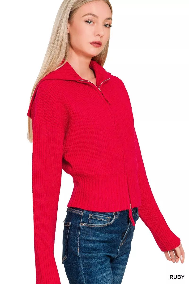 Zenana Ribbed Collared Zip Up Sweater Cardigan in Ruby