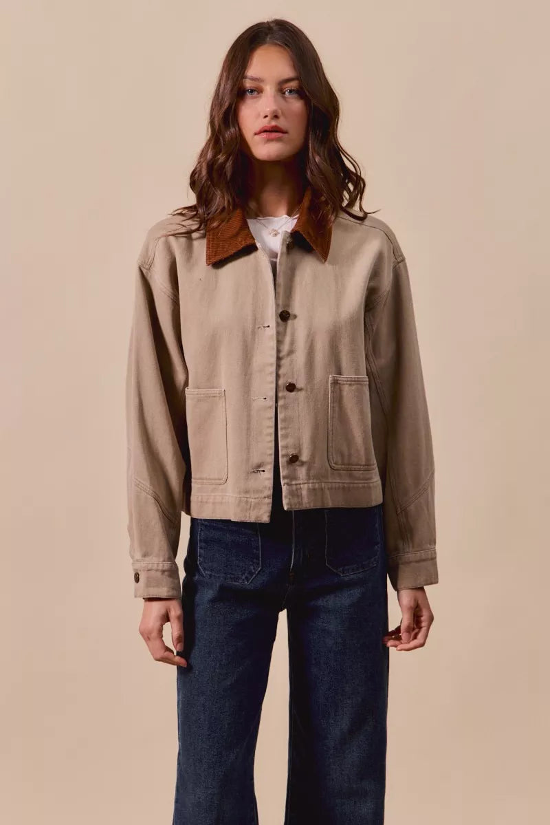 SO ME Cotton Twill Cropped Barn Jacket wtih Collar