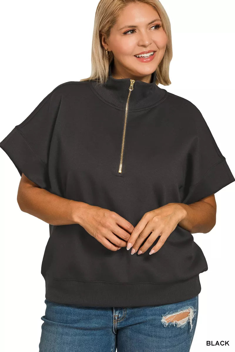 Zenana Full Size Scuba High Neck Half Zip Short Sleeve Top Plus Size in Black