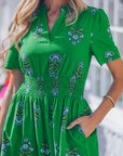 Floral Split Neck Shirred High Waist Maxi Dress