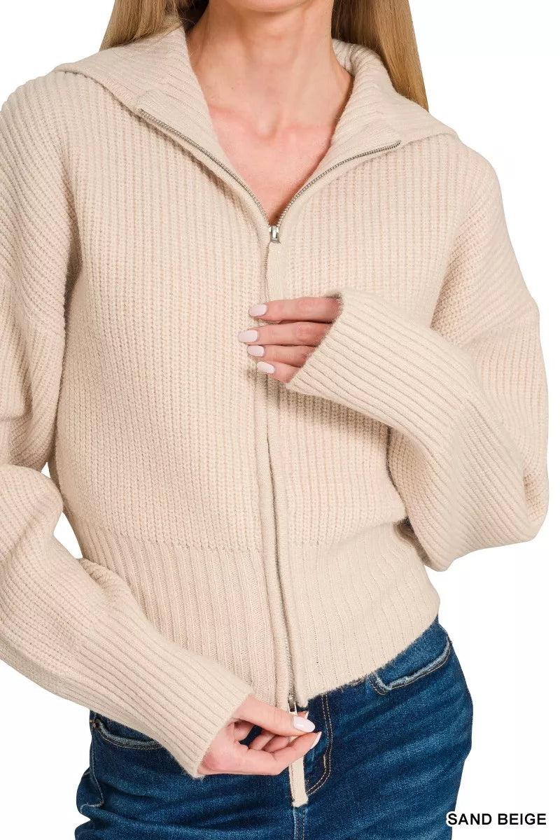 Zenana Ribbed Collared Zip Up Sweater Cardigan in Beige