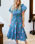 Floral Flutter Sleeve Tie Neck Belted Midi Dress