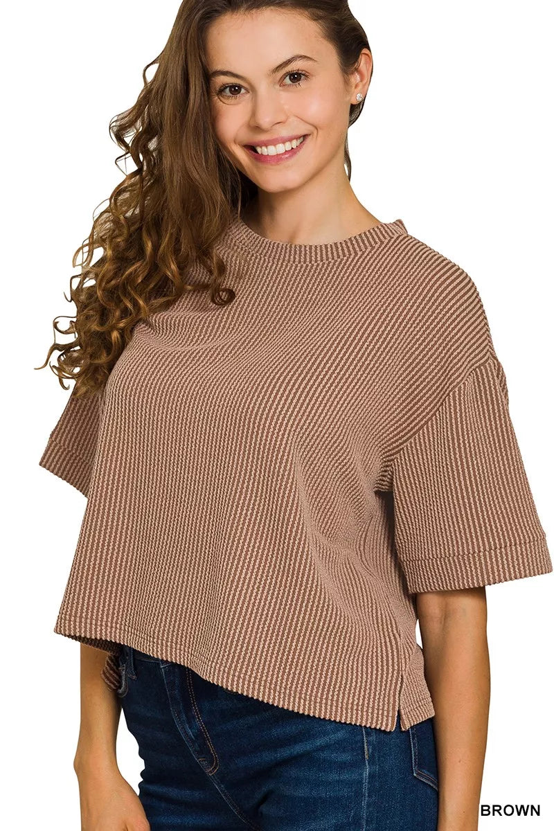 Zenana Raised Rib Short Sleeve Tee & Pants Set in Brown
