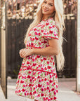 Floral Ricrac Puff Sleeve Pocketed Tiered Mini Dress