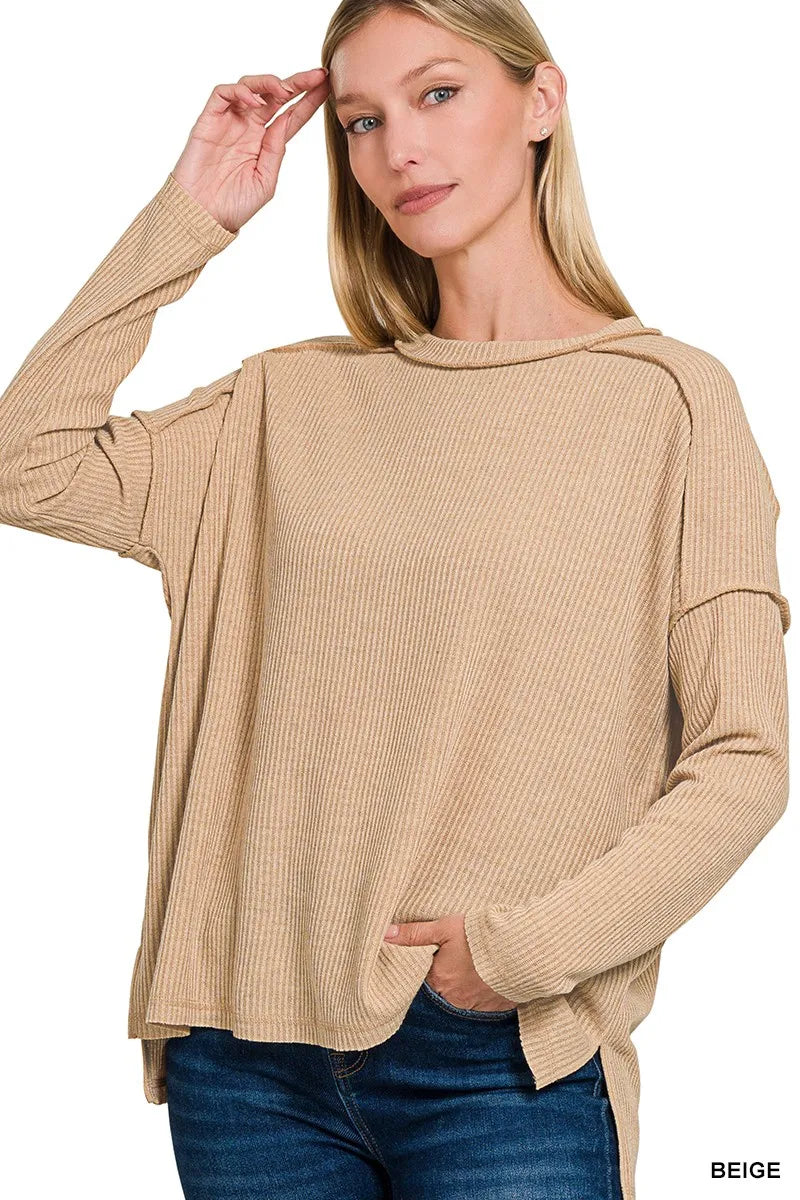 Zenana Ribbed Drop Shoulder Round Neck Sweater in Beige