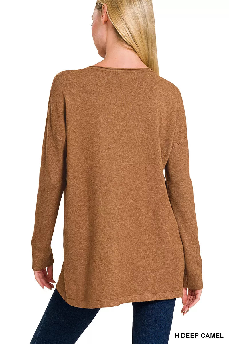 Zenana Viscose Long Sleeve Front Pockets Sweater in Camel