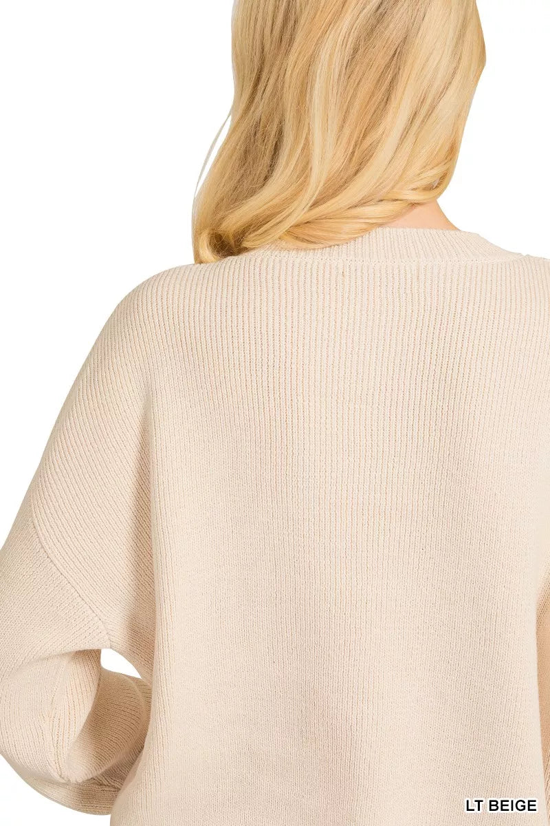 Zenana American Flag Crew Neck Sweater in Beige