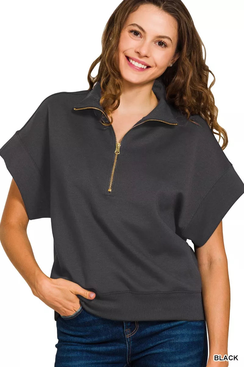 Zenana Full Size Scuba High Neck Half Zip Short Sleeve Top Plus Size in Black