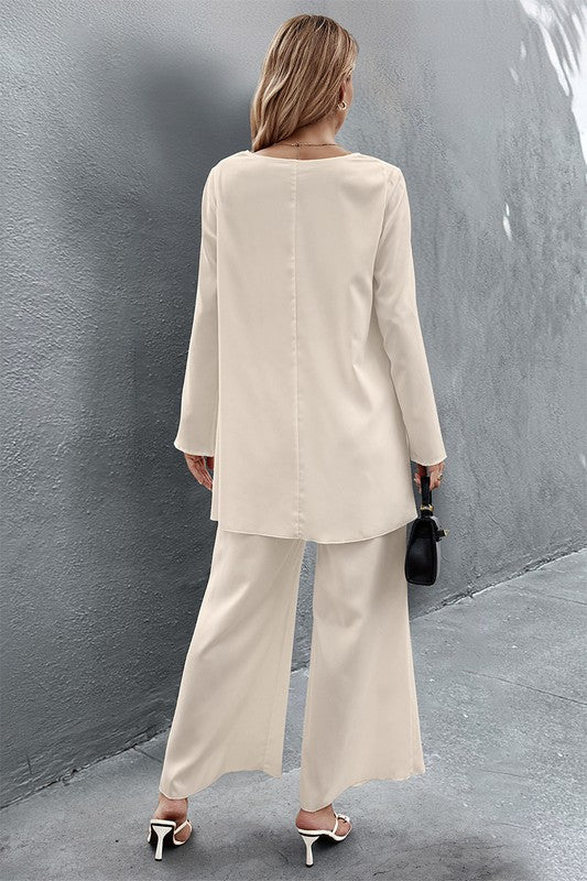 Two Pieces Round Neck Asymmetry Hem Wide Leg Set