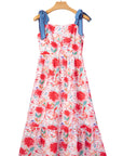 Floral Denim Tie Strap High Waist Maxi Dress