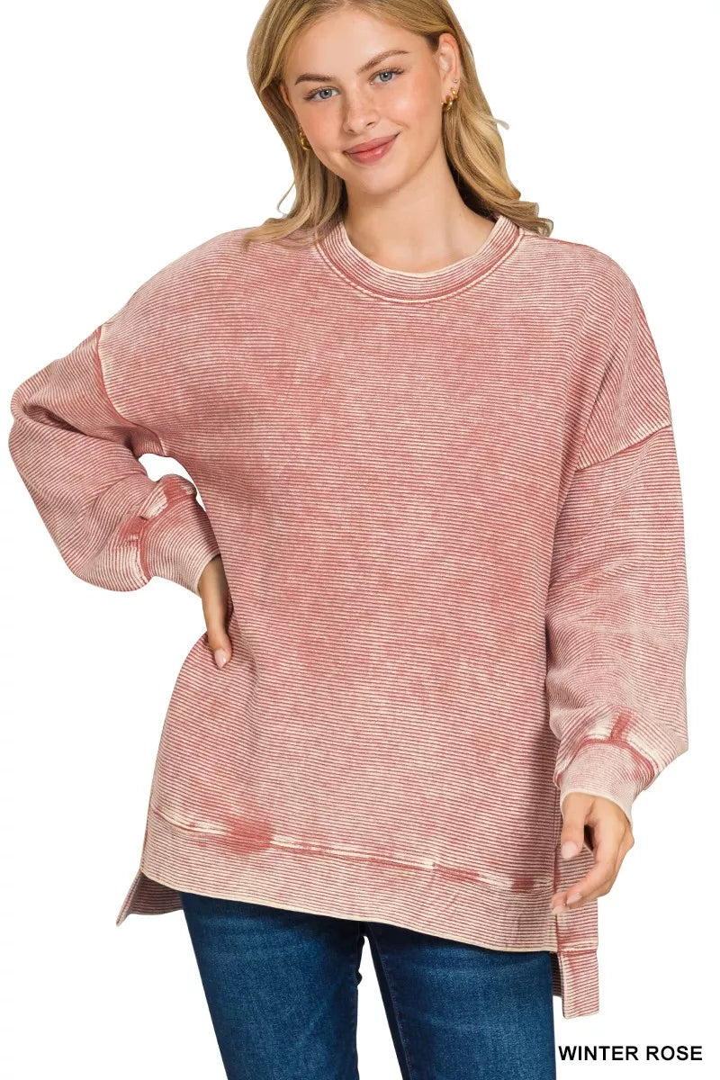 Zenana Full Size Acid Washed Double Ribbed Hi-low Sweatshirt Plus Size in Rose