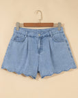 Solid Denim Scalloped Trim High Waist Shorts