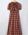 Plaid Vintage Knot Front Smocked High Waist Midi Dress