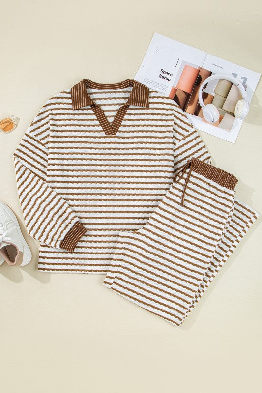 Stripe Collared Top and Drawstring Pants Set