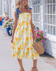 Floral Denim Tie Strap High Waist Maxi Dress