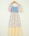 Floral Stripe Colorblock Square Neck Shirred Dress