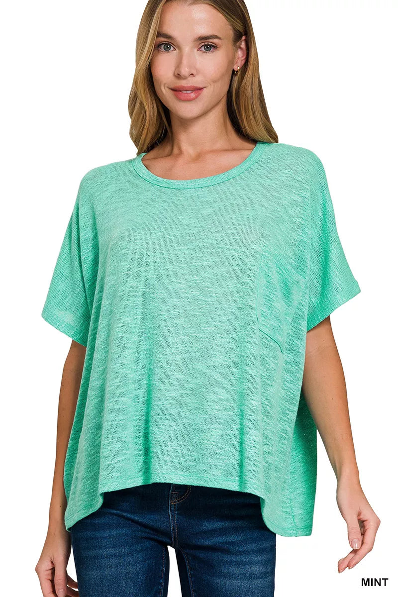 Zenana Oversized Slub Hacci Top with Pocket in Mint