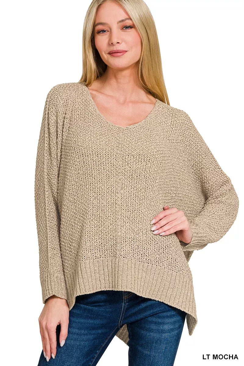 Zenana Dolman Sleeve V-Neck Sweater in Mocha