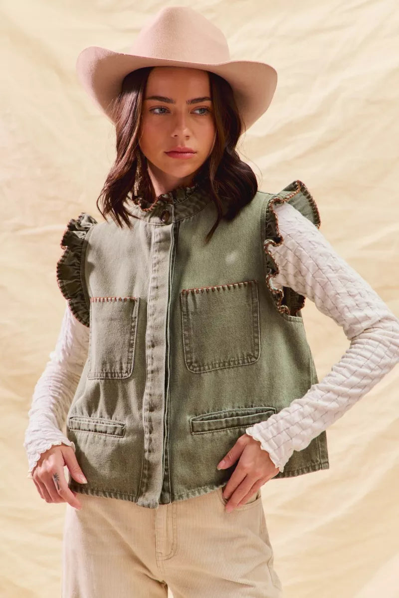 SO ME Washed Denim Stitch Ruffled Hidden Button Vest Top