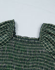 Plaid Shirred High Waist Square Neck Ruffle Hem Dress