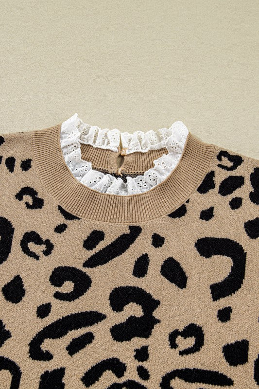 Plus Size Leopard Knit Lacy Trim Sweater