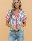 Floral Ruffle V-Neck Short Sleeve Tunic Shirt