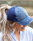 Distressed Messy Bun Hat Cap
