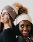 2 Tone Angora Knit Fur Pom Beanie