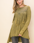 Vocal Garment Dyed Fringe Long Sleeve Top with Stone Embellishments