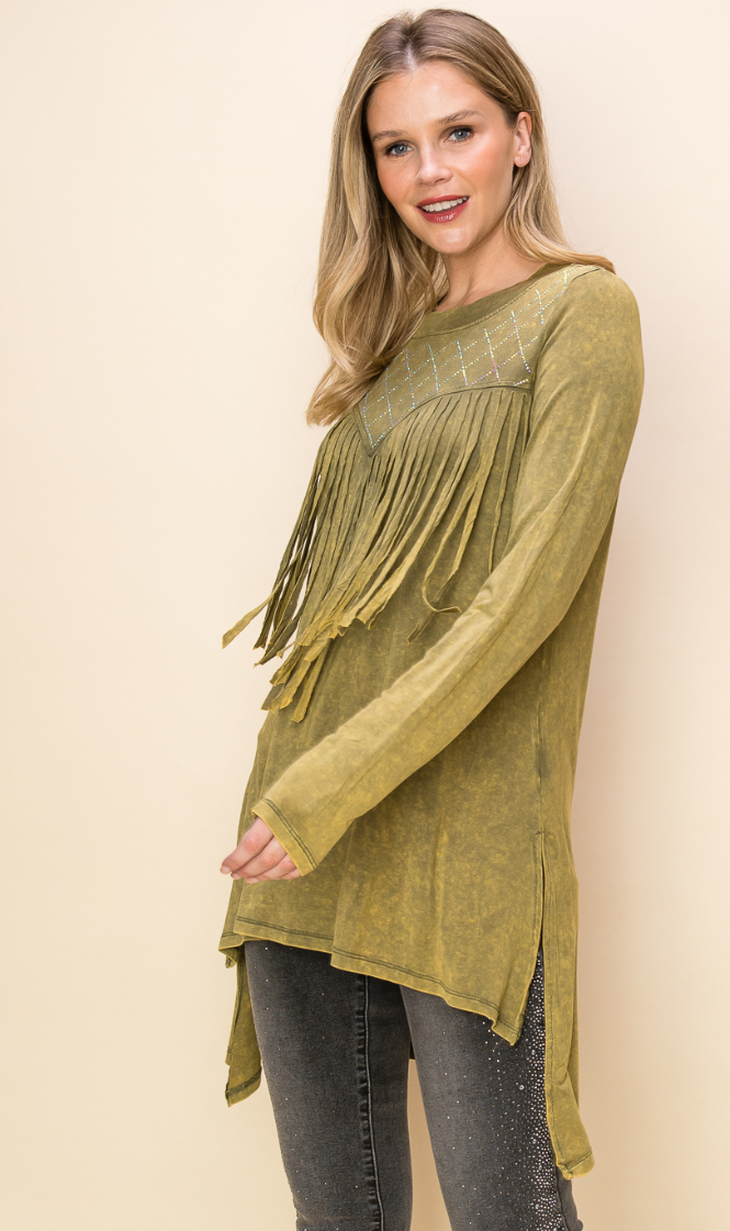 Vocal Garment Dyed Fringe Long Sleeve Top with Stone Embellishments