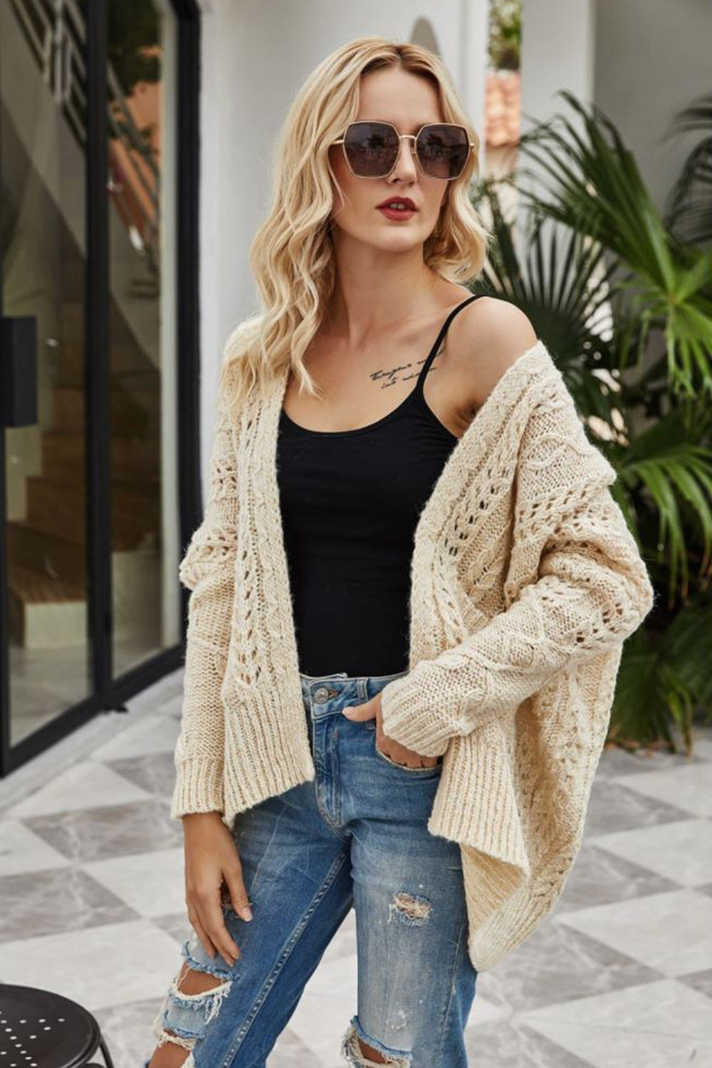 Ribbed Trim Openwork Open Front Cardigan - Online Only