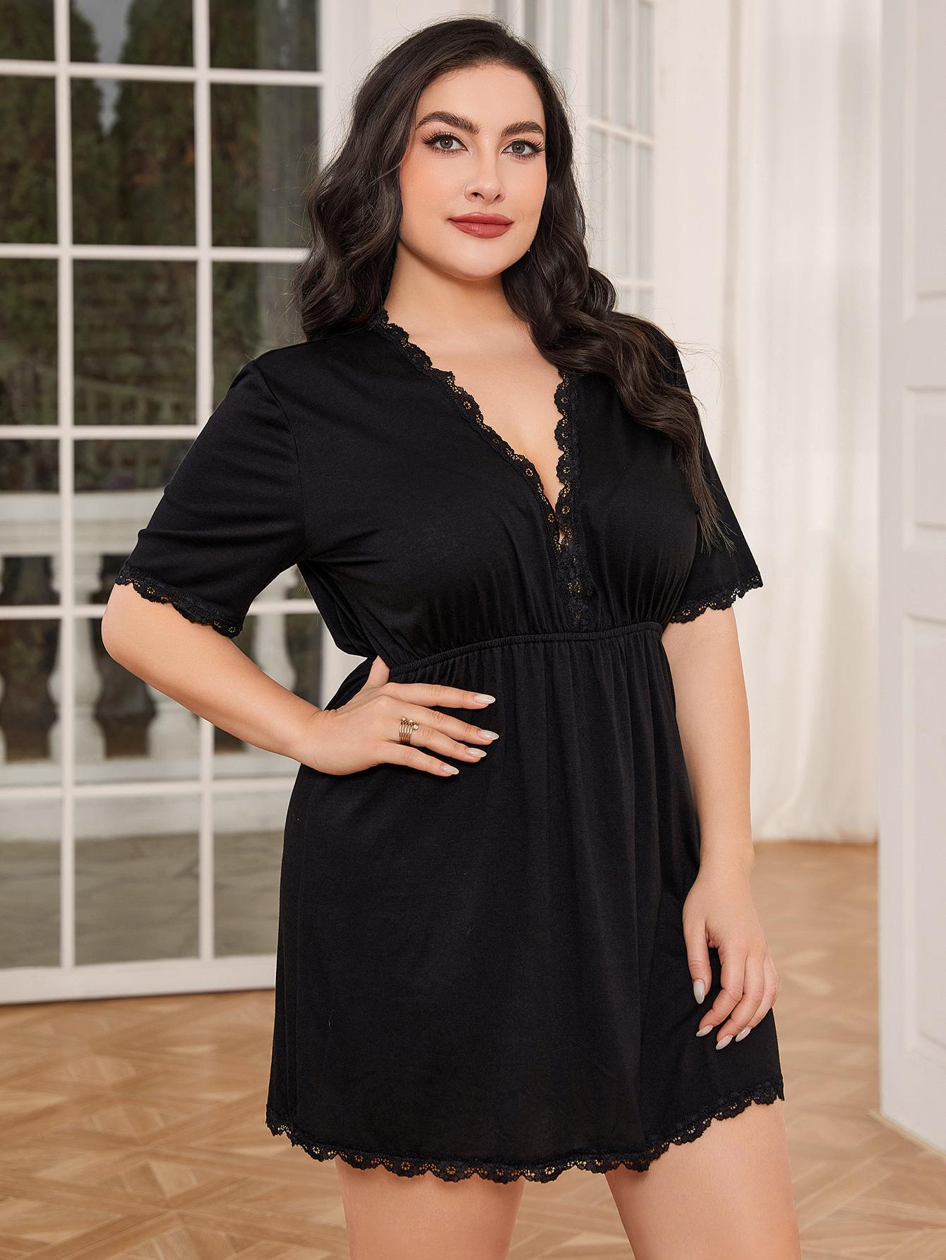 Plus Size Lace Trim Deep V Night Dress - Online Only – My Pampered Life  Seattle