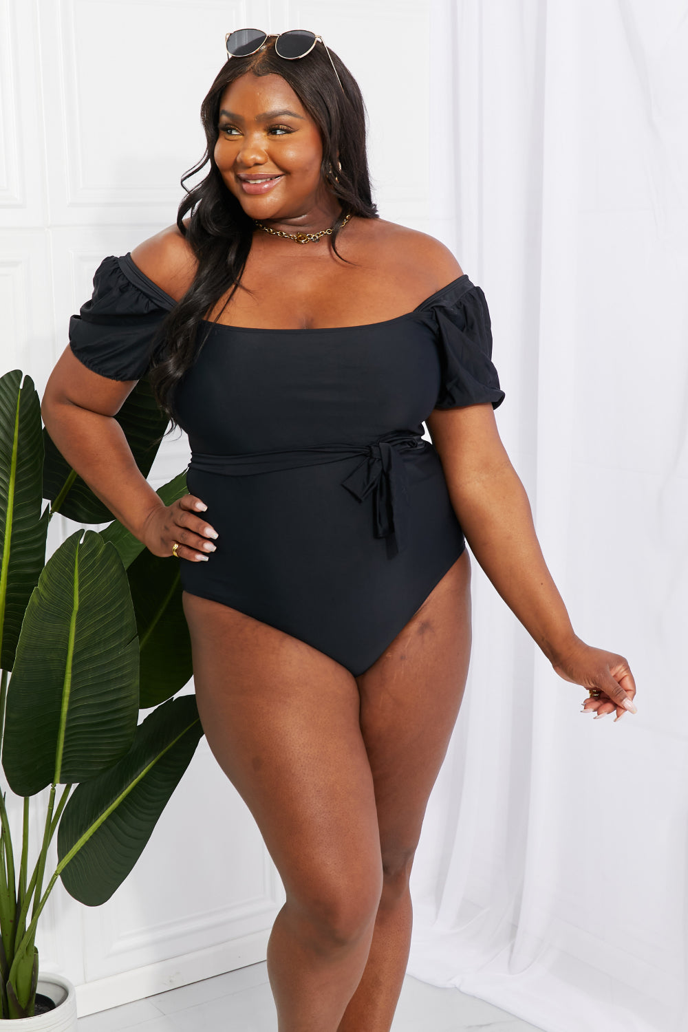 Marina West Swim Salty Air Puff Sleeve One-Piece in Black - Online Only