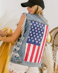 BiBi Distressed Raw Hem US Flag Sleeveless Denim Jacket