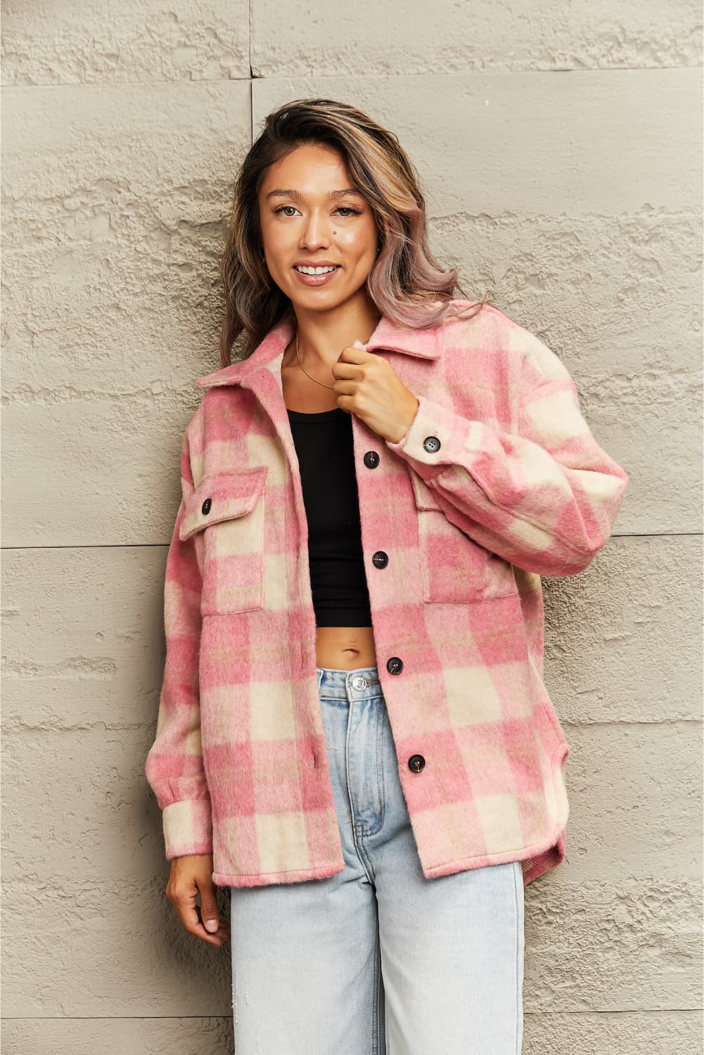 Plaid Collared Neck Button Down Jacket - Online Only