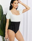 Marina West Swim Salty Air Puff Sleeve One-Piece in Cream/Black - Online Only