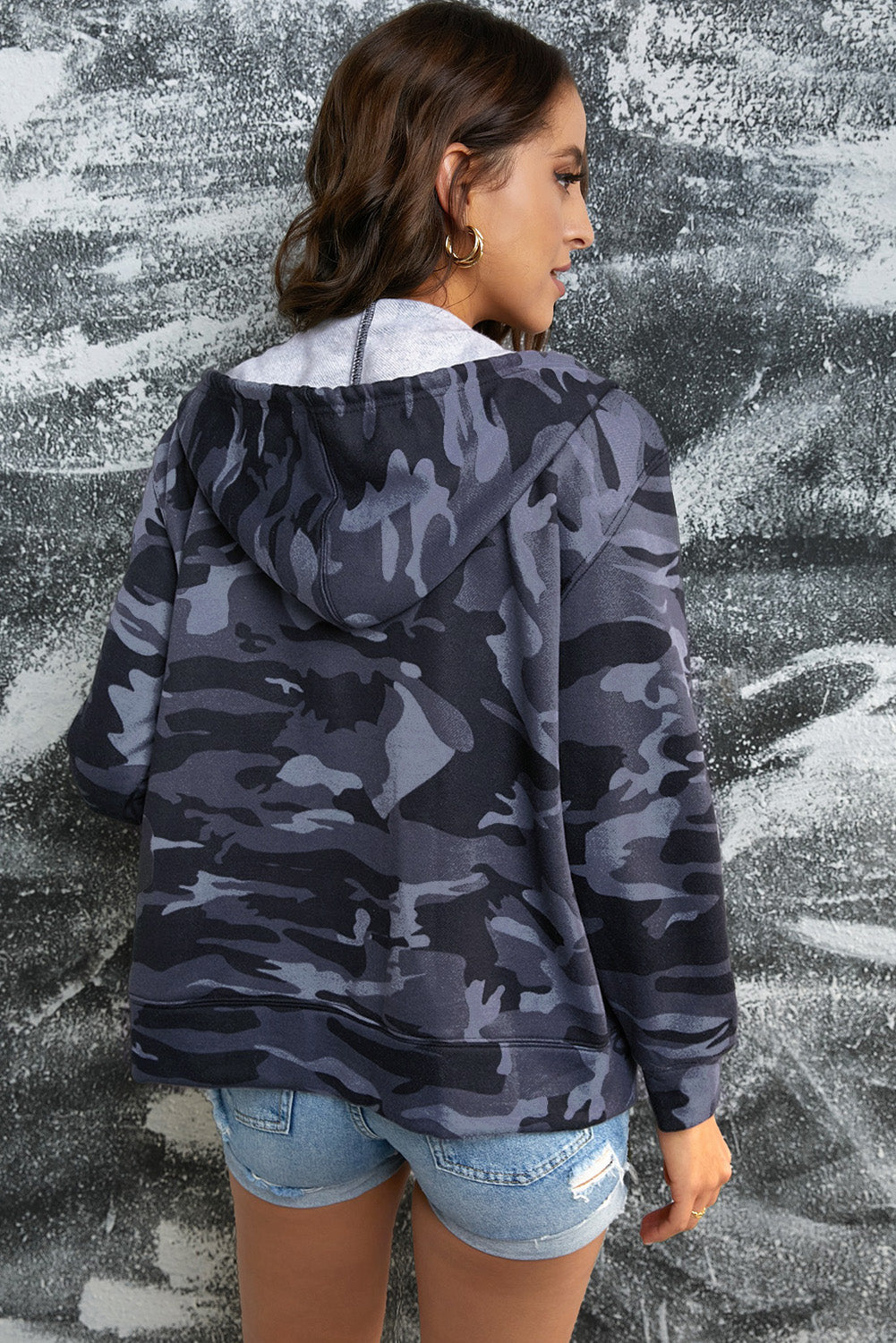 Camouflage Drawstring Detail Zip Up Hooded Jacket - Online Only