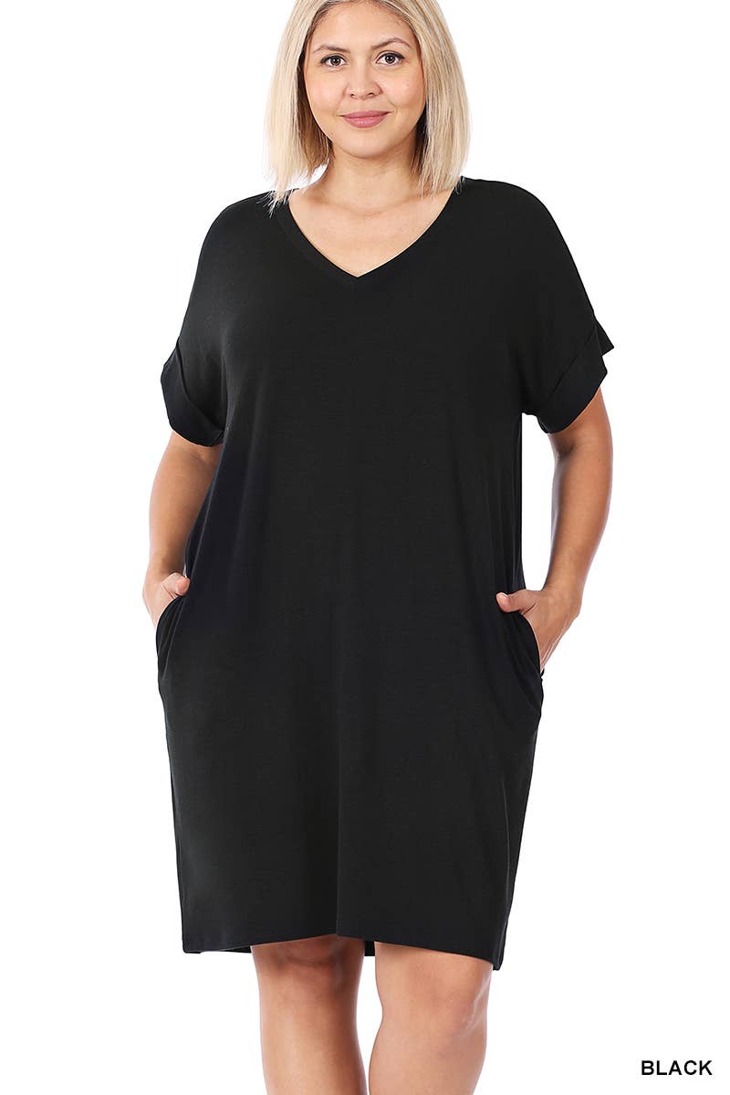 Zenana Plus Size Rolled Short Sleeve V-Neck Dress with Side Pockets in Black