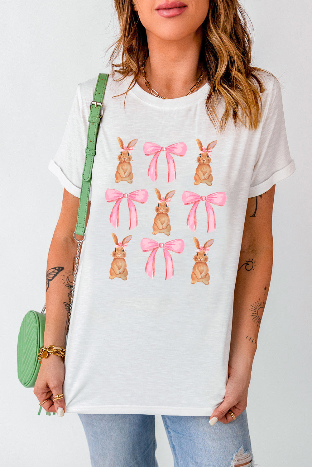 Rabbit &amp; Bow Round Neck Short Sleeve T-Shirt