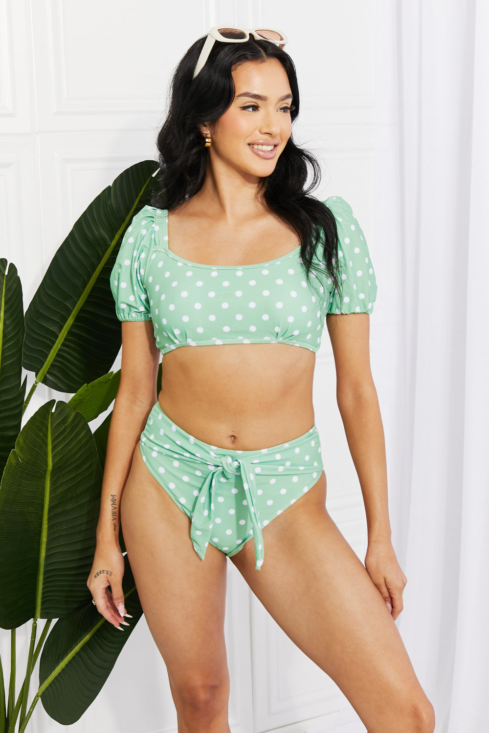 Marina West Swim Vacay Ready Puff Sleeve Bikini in Gum Leaf - Online Only