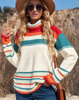 Striped Turtleneck Drop Shoulder Sweater - Online Only