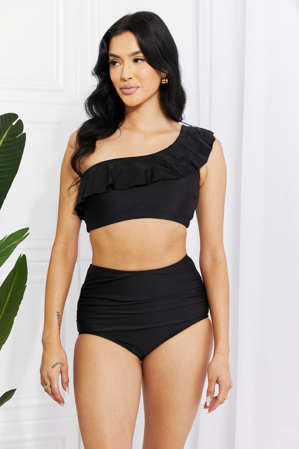 Marina West Swim Seaside Romance Ruffle One-Shoulder Bikini in Black - Online Only